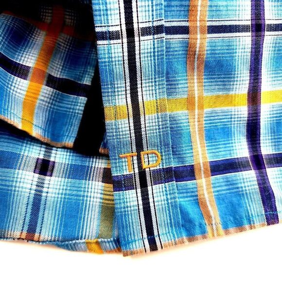 Thomas Dean Small Blue Yellow Windowpane Flip‎ Cuff Button Front Dress Shirt - Picture 9 of 9